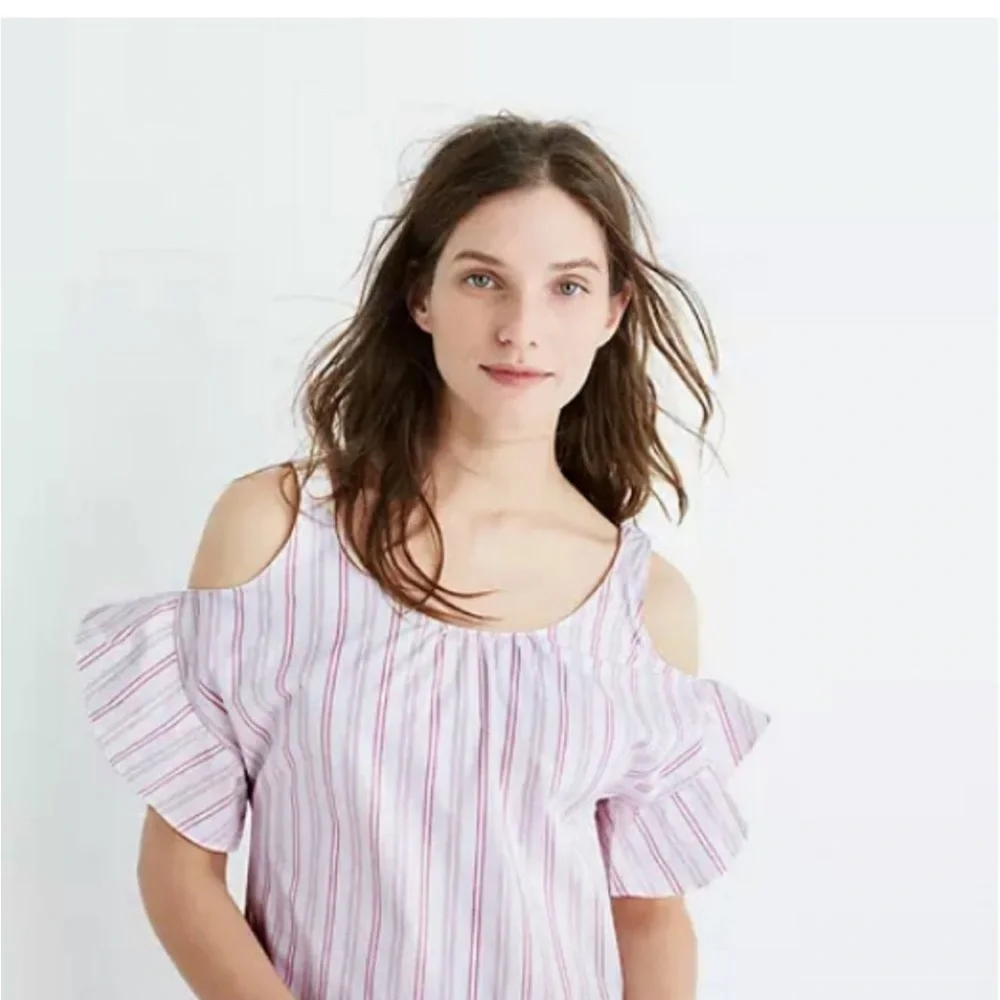 Madewell Lightweight Lined 100% Cotton White & Red Stripe Dress Cold Shoulder